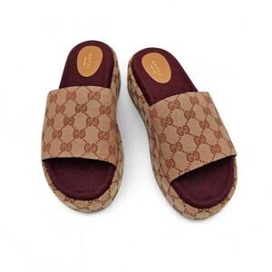 Gucci GG Angelina Logo Platform Slide Sandal Brown Tan Canvas Size 42 US 12